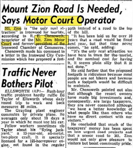 Mt. Zion Motel - July 1959 Article - Owner Wants Road Improvements